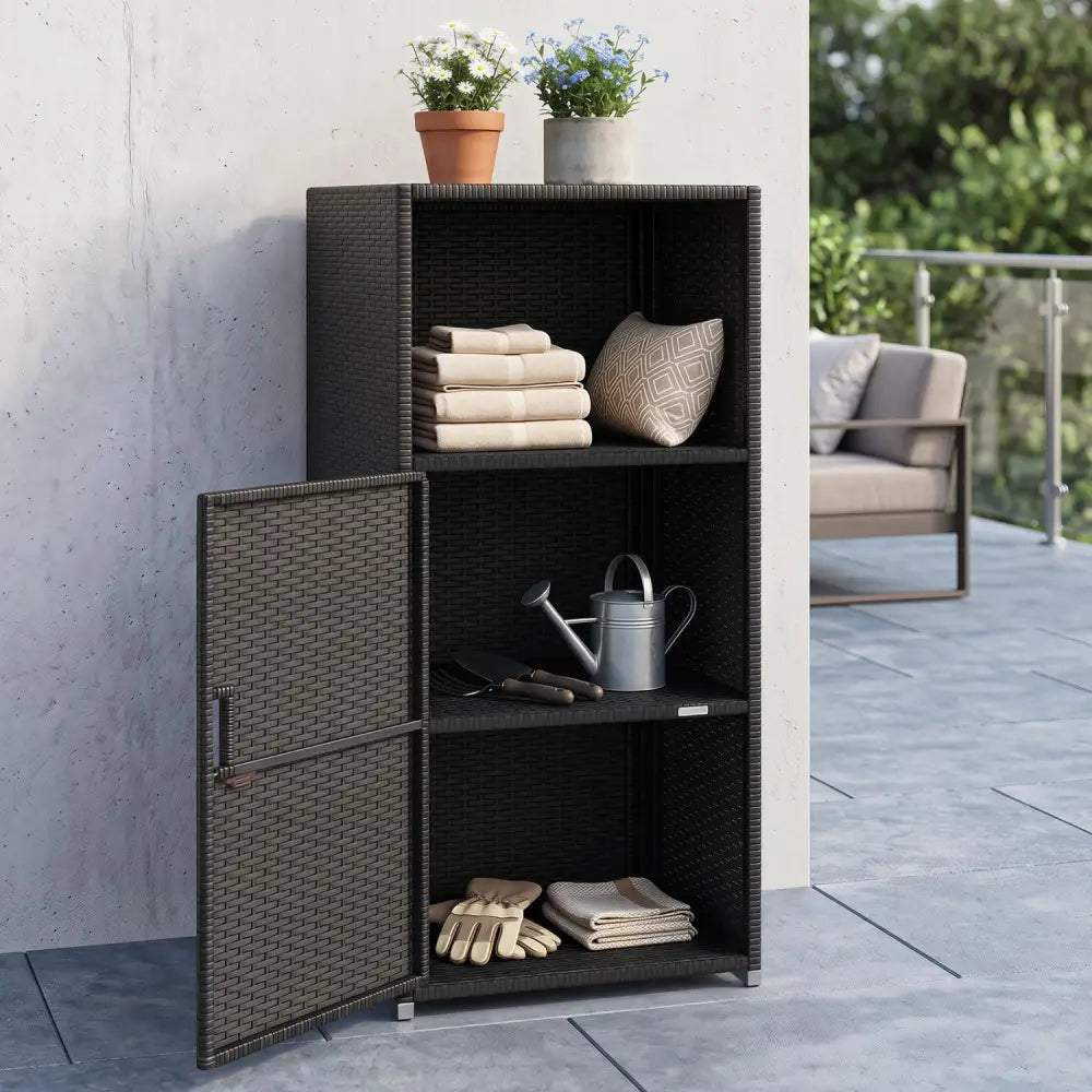 Outdoor PE Wicker Storage Cabinet with Door and Open Compartment for Patio-Black - Black - Sheds & Outdoor Storage