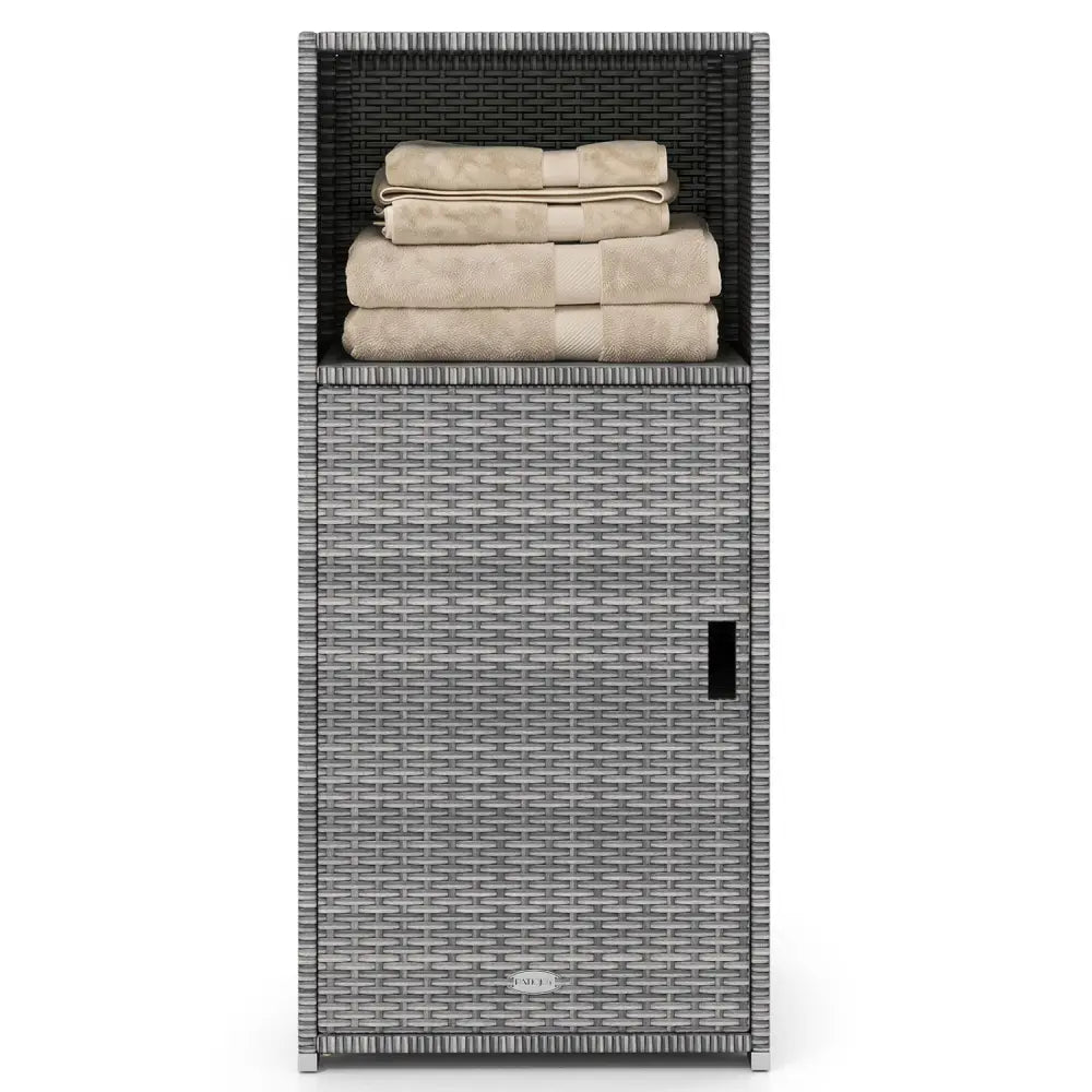 Outdoor PE Wicker Storage Cabinet with Door and Open Compartment for Patio-Gray - Gray - Sheds & Outdoor Storage