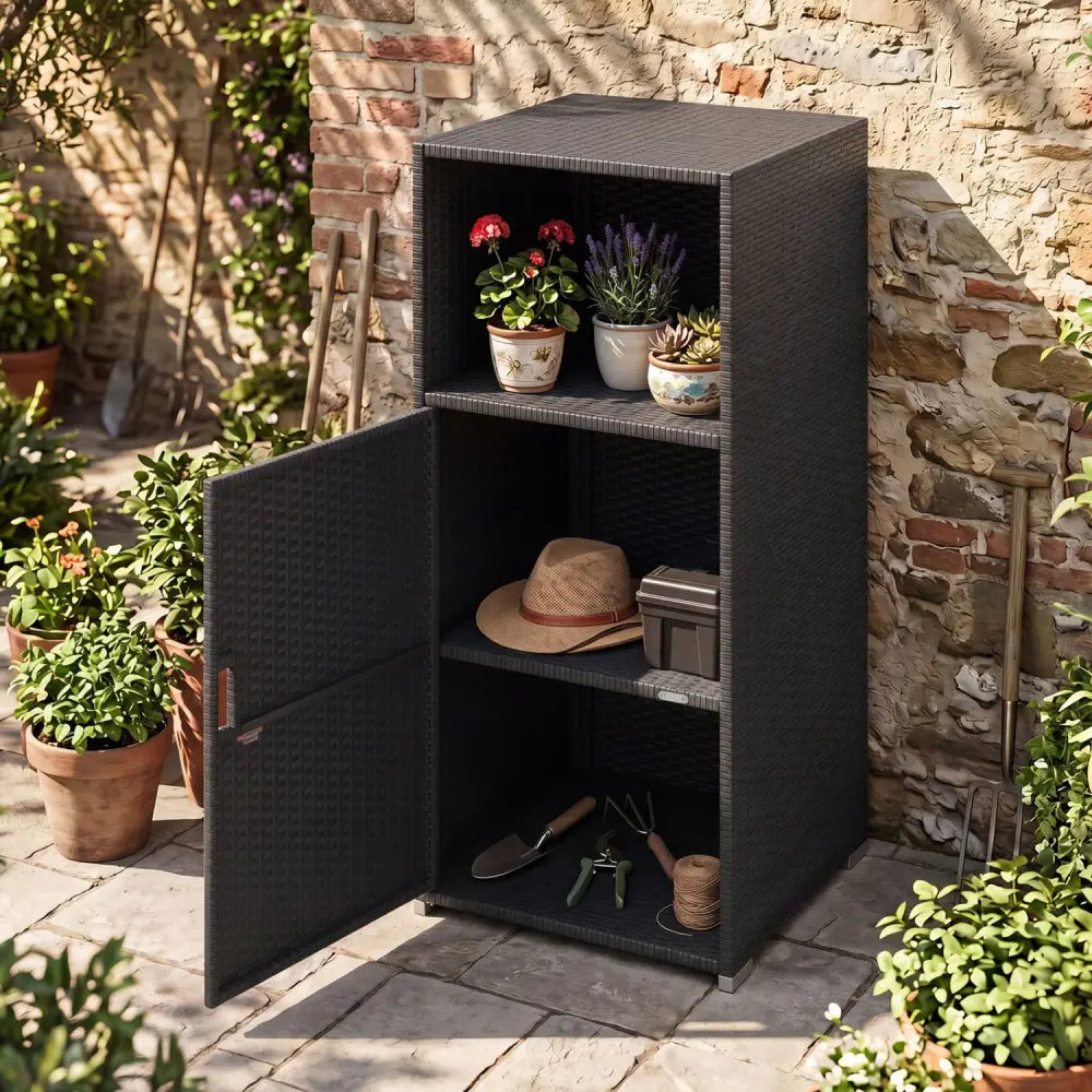 Outdoor PE Wicker Storage Cabinet with Door and Open Compartment for Patio-Black - Black - Sheds & Outdoor Storage