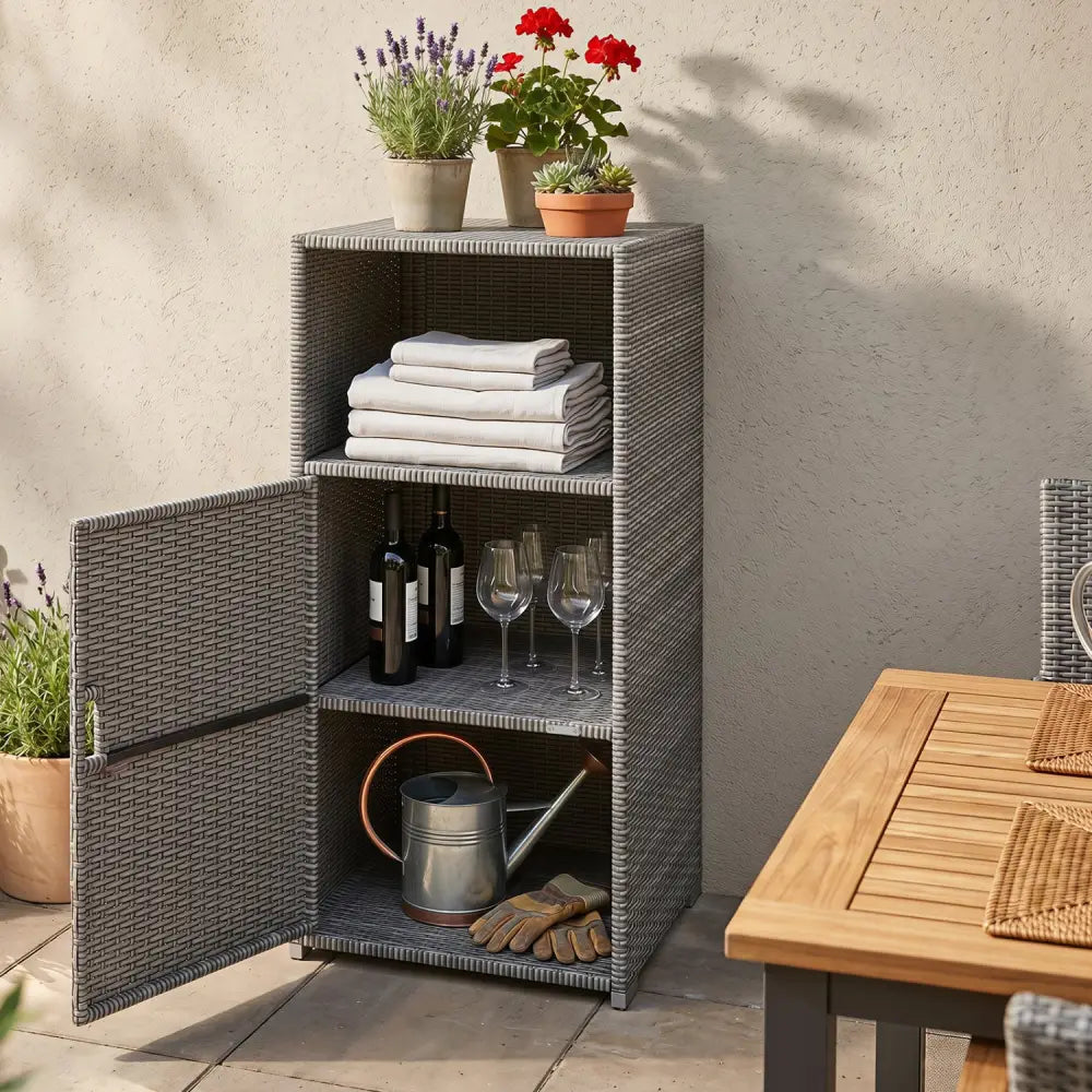Outdoor PE Wicker Storage Cabinet with Door and Open Compartment for Patio-Gray - Gray - Sheds & Outdoor Storage