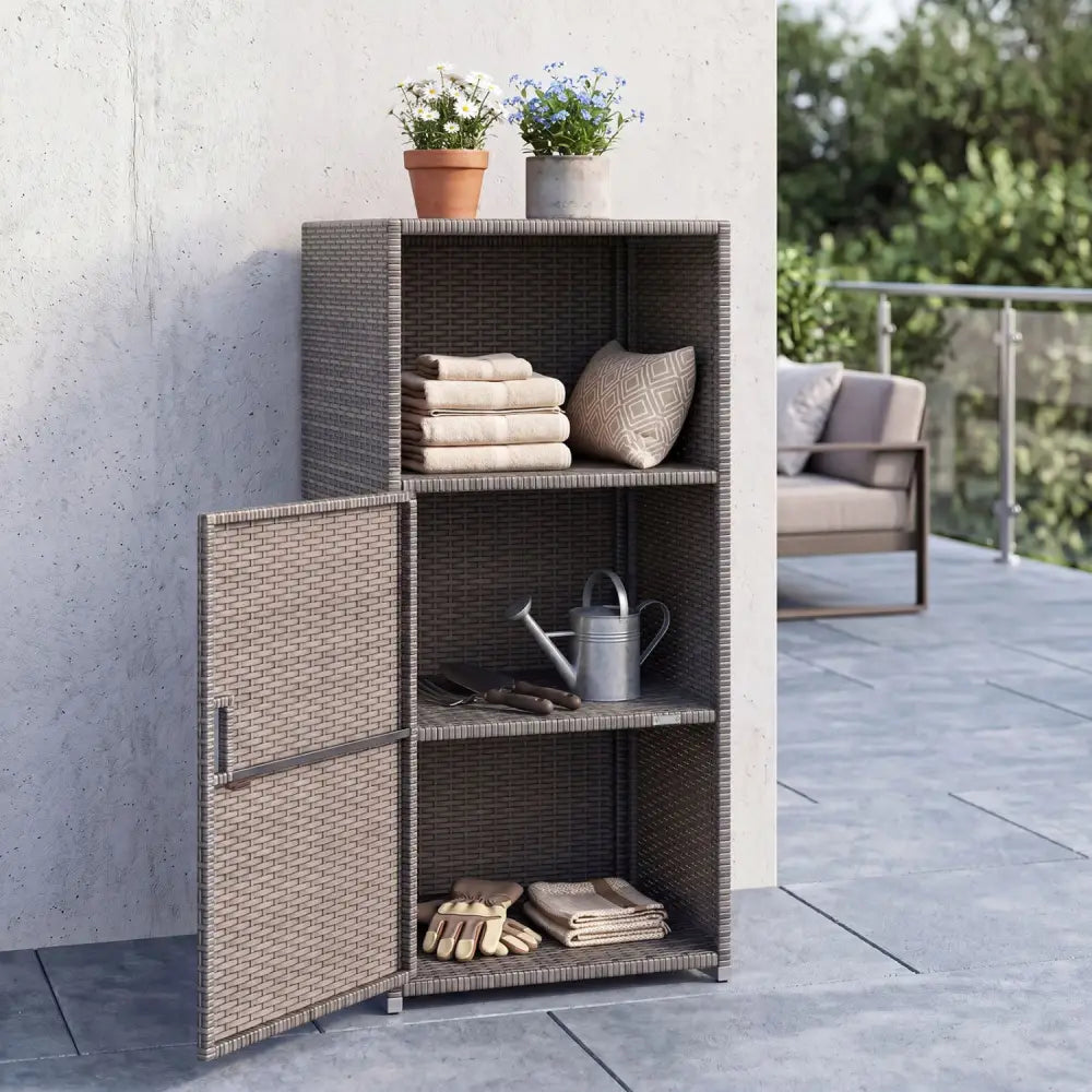 Outdoor PE Wicker Storage Cabinet with Door and Open Compartment for Patio-Gray - Gray - Sheds & Outdoor Storage