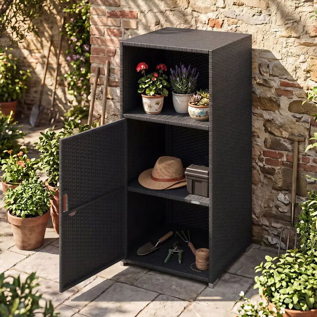 Outdoor PE Wicker Storage Cabinet with Door and Open Compartment for Patio-Black - Black - Sheds & Outdoor Storage