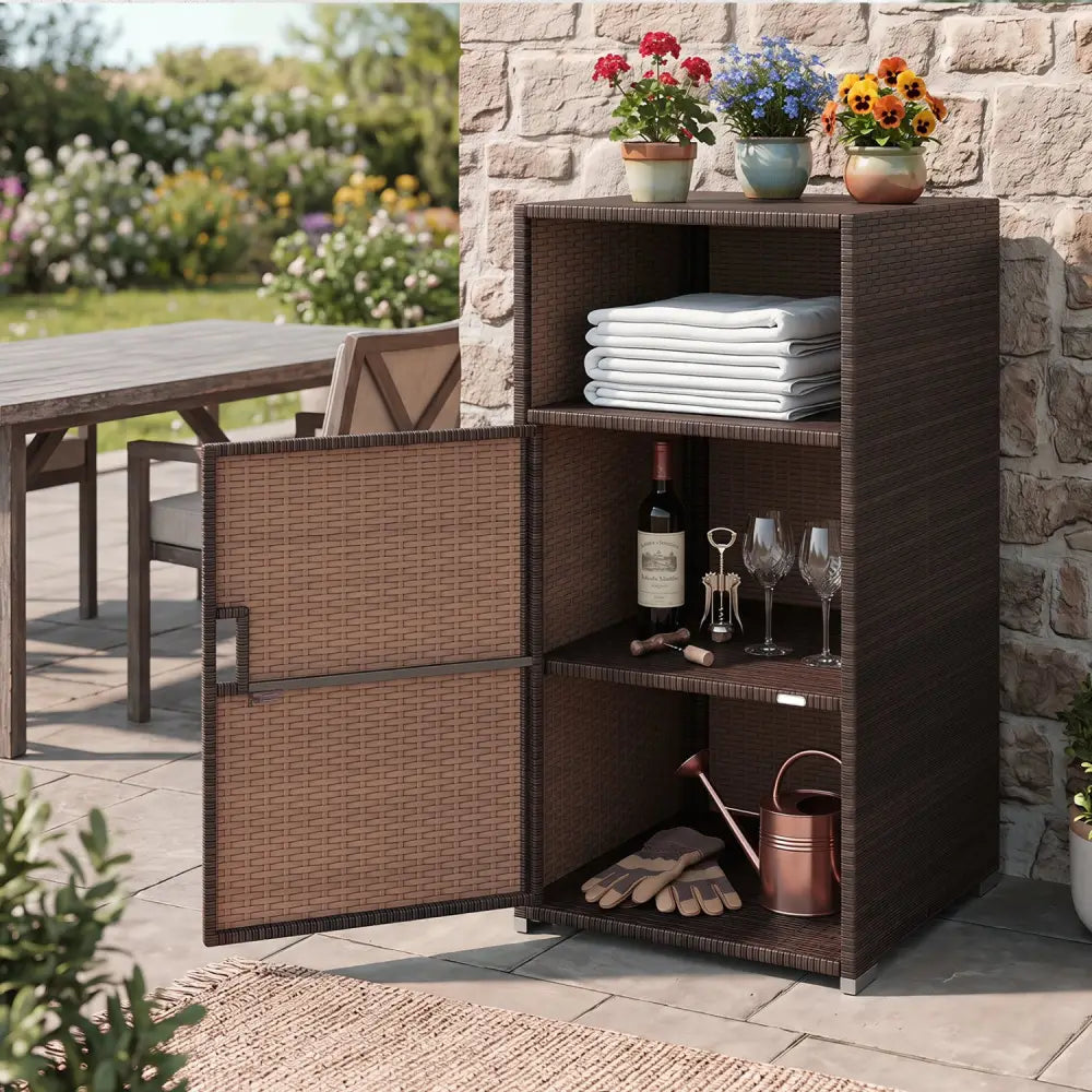 Outdoor PE Wicker Storage Cabinet with Door and Open Compartment for Patio-Brown - Brown - Sheds & Outdoor Storage