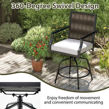 Outdoor PE Wicker Swivel Bar Stools Set of 2 Counter Height Patio Chairs with Back-Grey - Gray - Patio Bar Furniture