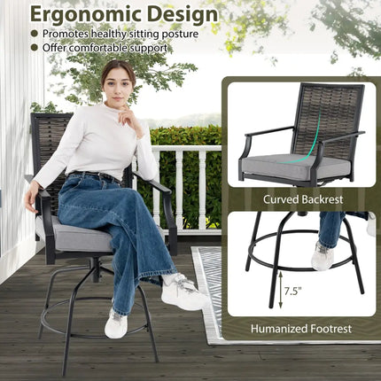 Outdoor PE Wicker Swivel Bar Stools Set of 2 Counter Height Patio Chairs with Back-Grey - Gray - Patio Bar Furniture