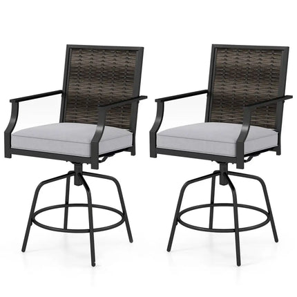 Outdoor PE Wicker Swivel Bar Stools Set of 2 Counter Height Patio Chairs with Back-Grey - Gray - Patio Bar Furniture