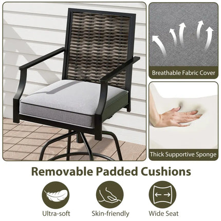 Outdoor PE Wicker Swivel Bar Stools Set of 2 Counter Height Patio Chairs with Back-Grey - Gray - Patio Bar Furniture