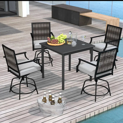 Outdoor PE Wicker Swivel Bar Stools Set of 2 Counter Height Patio Chairs with Back-Grey - Gray - Patio Bar Furniture