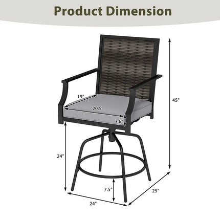 Outdoor PE Wicker Swivel Bar Stools Set of 2 Counter Height Patio Chairs with Back-Grey - Gray - Patio Bar Furniture