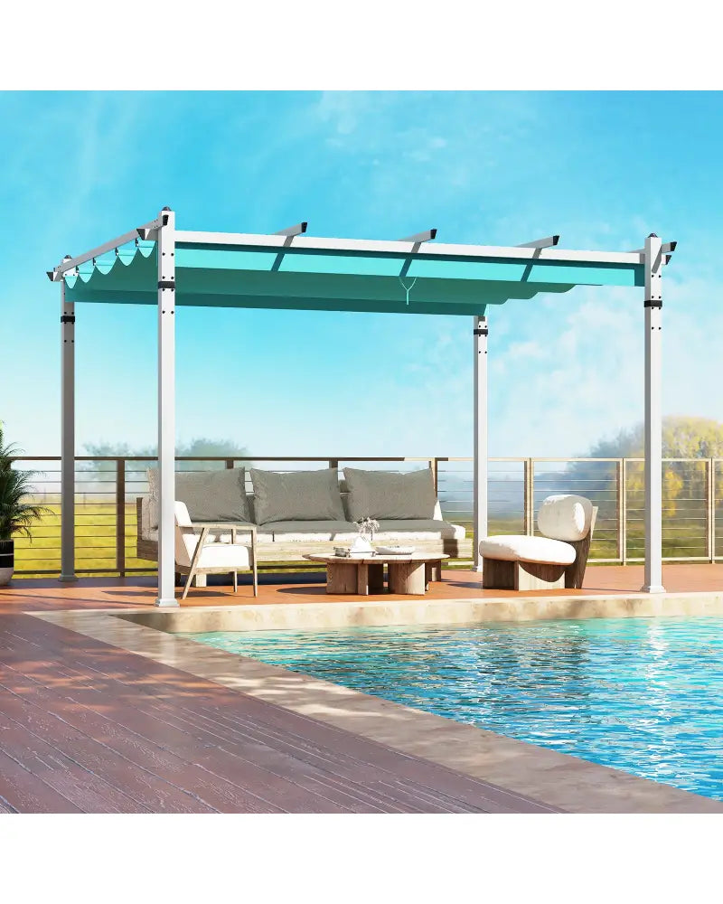 Outdoor Pergola with Retractable Canopy and Aluminum Frame-Turquoise - Turquoise - Gazebos