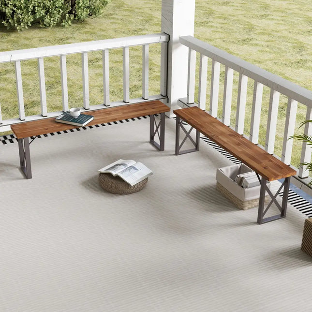 Outdoor Picnic Bench Set Solid Acacia Wood Patio Rectangular Benches - Navy - Outdoor Benches