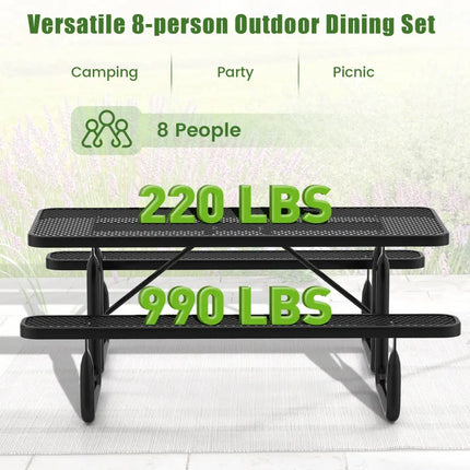 Outdoor Picnic Table and Bench Set for 8 Person with Seats and Mesh Grid-Black - Black - Picnic Tables
