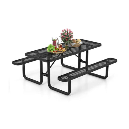Outdoor Picnic Table and Bench Set for 8 Person with Seats and Mesh Grid-Black - Black - Picnic Tables