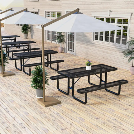 Outdoor Picnic Table and Bench Set for 8 Person with Seats and Mesh Grid-Black - Black - Picnic Tables
