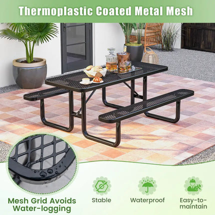 Outdoor Picnic Table and Bench Set for 8 Person with Seats and Mesh Grid-Black - Black - Picnic Tables