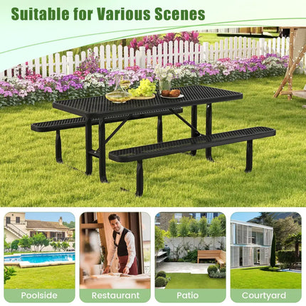 Outdoor Picnic Table and Bench Set for 8 Person with Seats and Mesh Grid-Black - Black - Picnic Tables