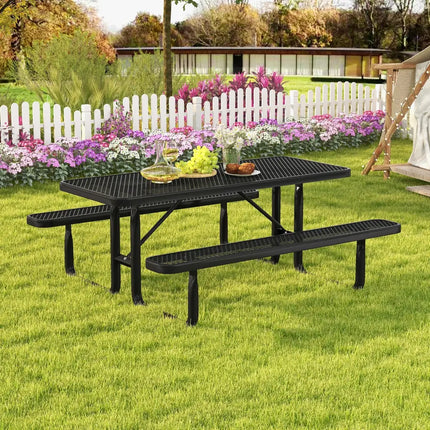 Outdoor Picnic Table and Bench Set for 8 Person with Seats and Mesh Grid-Black - Black - Picnic Tables