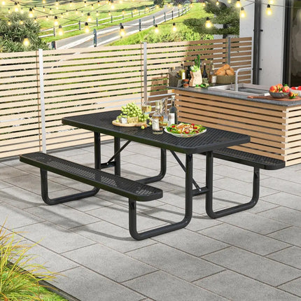 Outdoor Picnic Table and Bench Set for 8 Person with Seats and Mesh Grid-Black - Black - Picnic Tables