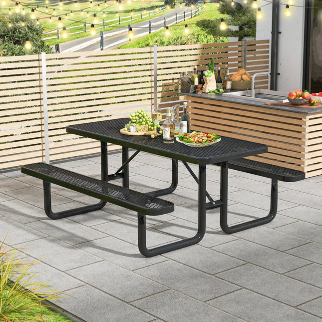 Outdoor Picnic Table and Bench Set for 8 Person with Seats and Mesh Grid-Black - Black - Picnic Tables