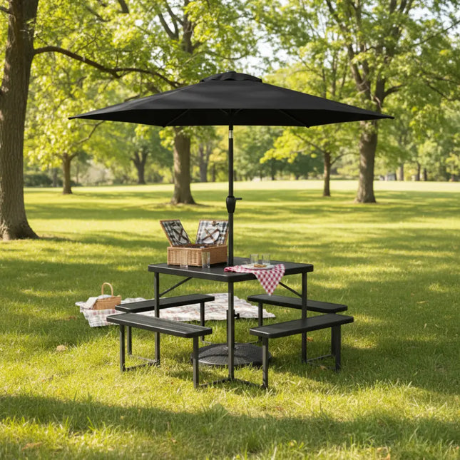 Outdoor Picnic Table Bench Set with Umbrella and Base for 4-8 People - Black - Picnic Tables