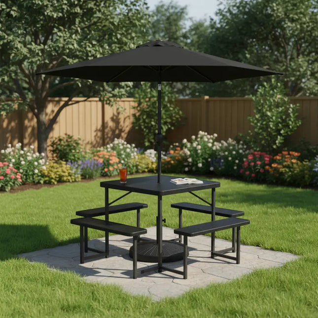 Outdoor Picnic Table Bench Set with Umbrella and Base for 4-8 People - Black - Picnic Tables