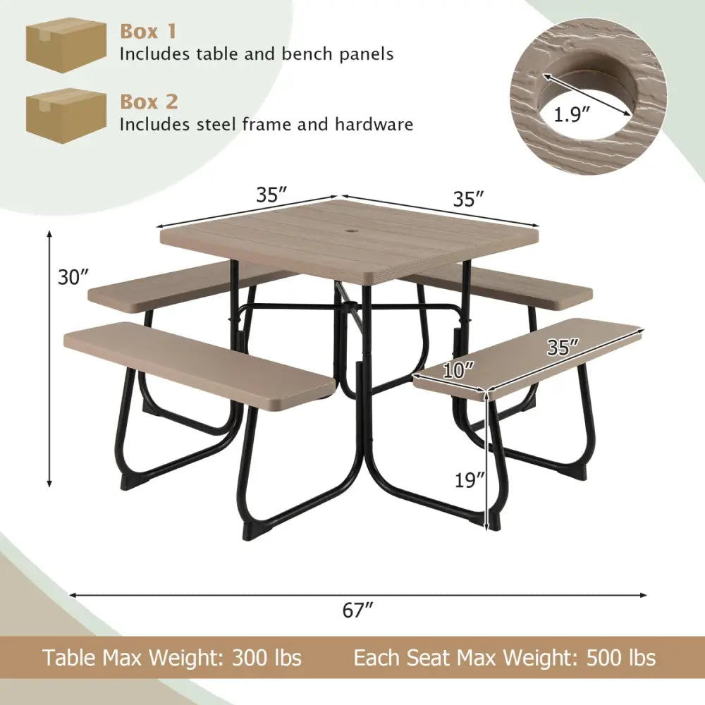 Outdoor Picnic Table with 4 Benches and Umbrella Hole-Brown - Brown - Picnic Tables