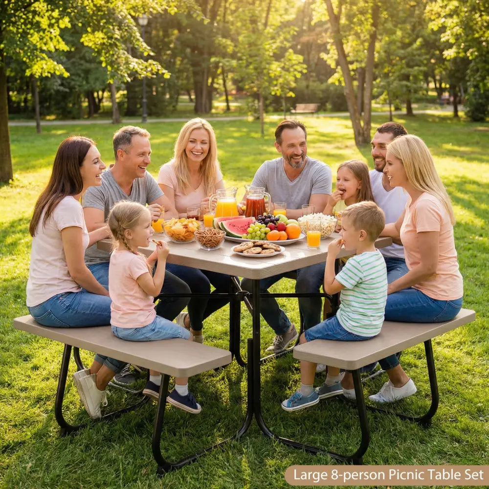 Outdoor Picnic Table with 4 Benches and Umbrella Hole-Brown - Brown - Picnic Tables
