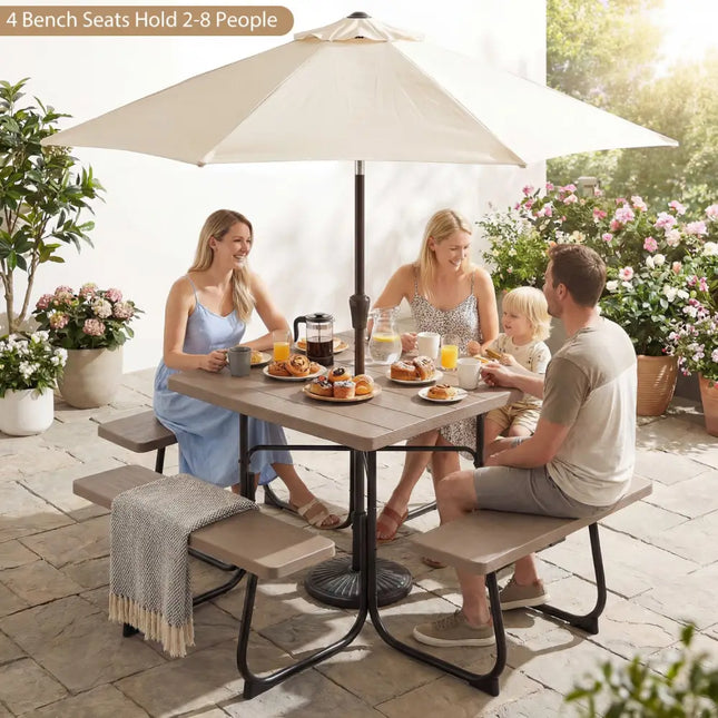 Outdoor Picnic Table with 4 Benches and Umbrella Hole-Brown - Brown - Picnic Tables
