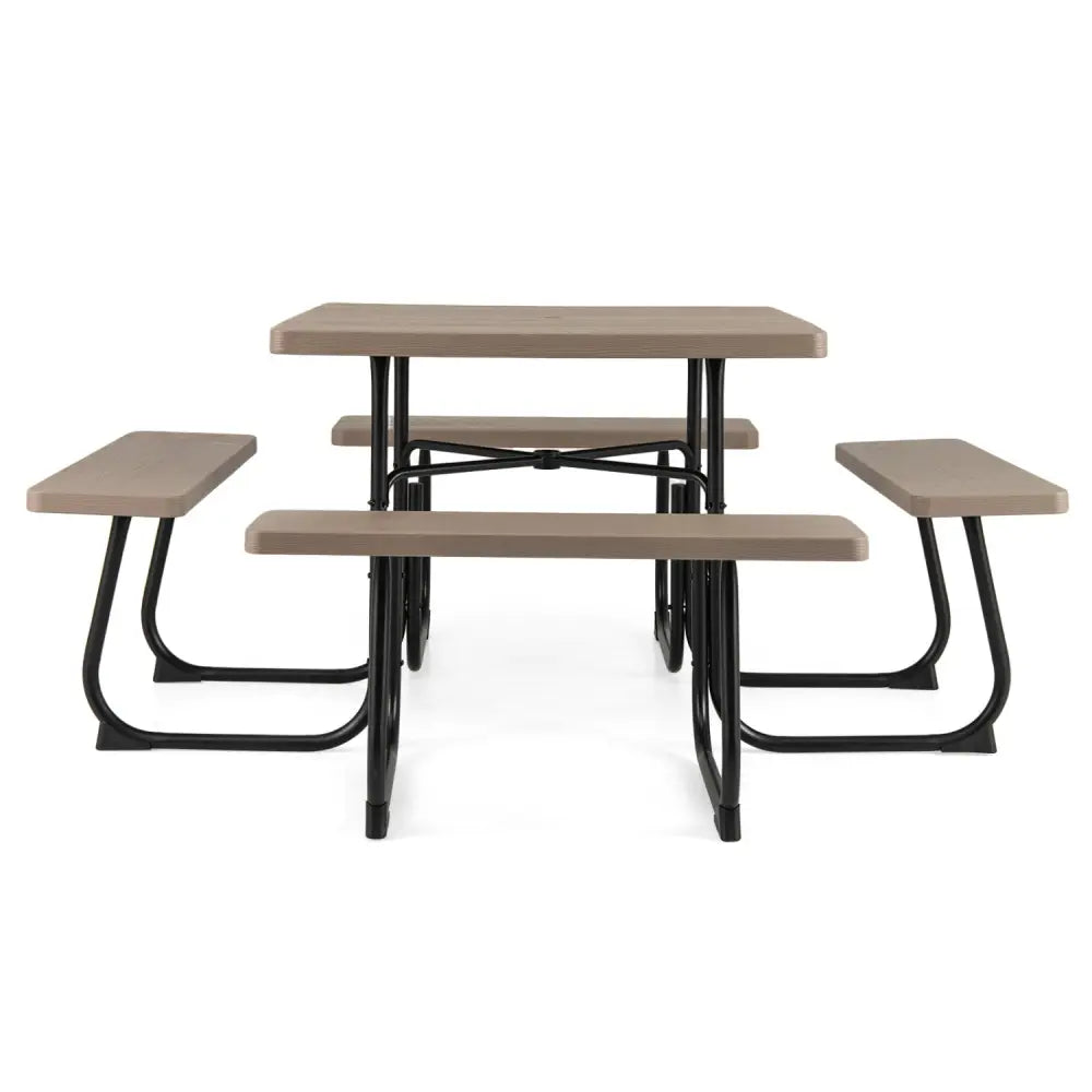 Outdoor Picnic Table with 4 Benches and Umbrella Hole-Brown - Brown - Picnic Tables
