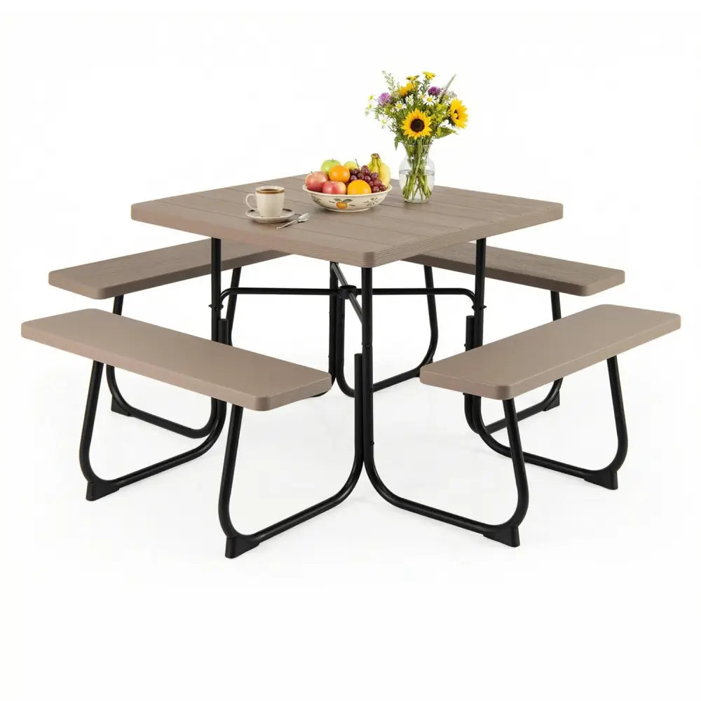 Outdoor Picnic Table with 4 Benches and Umbrella Hole-Brown - Brown - Picnic Tables