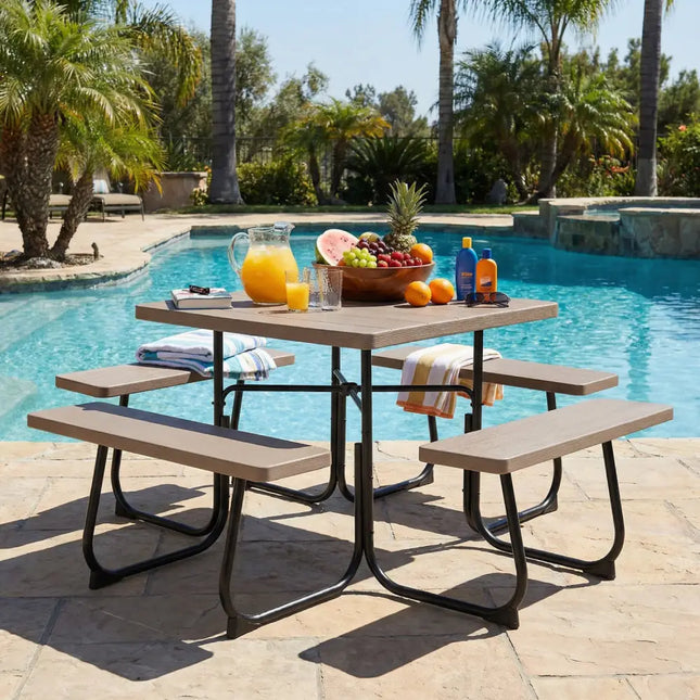 Outdoor Picnic Table with 4 Benches and Umbrella Hole-Brown - Brown - Picnic Tables