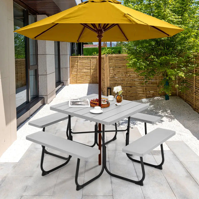 Outdoor Picnic Table with 4 Benches and Umbrella Hole-Gray - Gray - Picnic Tables