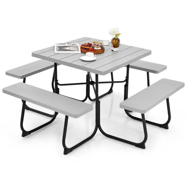 Outdoor Picnic Table with 4 Benches and Umbrella Hole-Gray - Gray - Picnic Tables