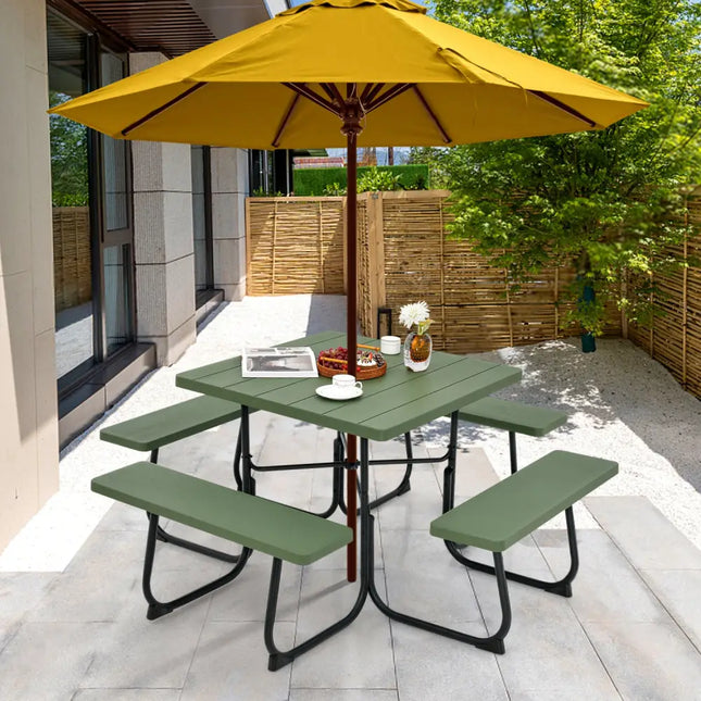 Outdoor Picnic Table with 4 Benches and Umbrella Hole-Green - Green - Picnic Tables