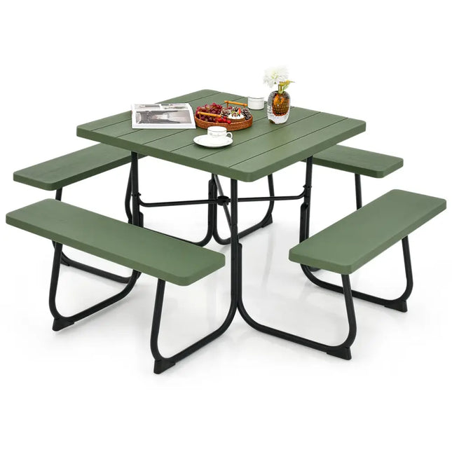 Outdoor Picnic Table with 4 Benches and Umbrella Hole-Green - Green - Picnic Tables