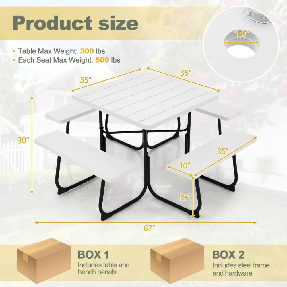 Outdoor Picnic Table with 4 Benches and Umbrella Hole-White - White - Picnic Tables