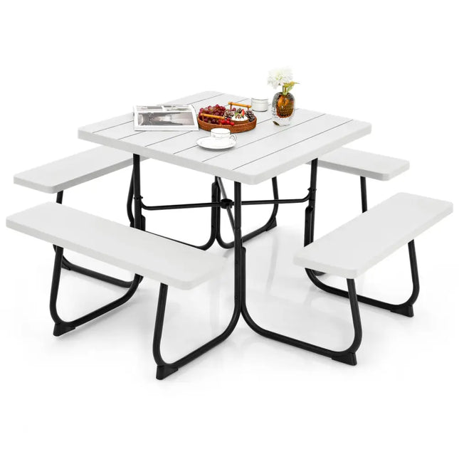 Outdoor Picnic Table with 4 Benches and Umbrella Hole-White - White - Picnic Tables