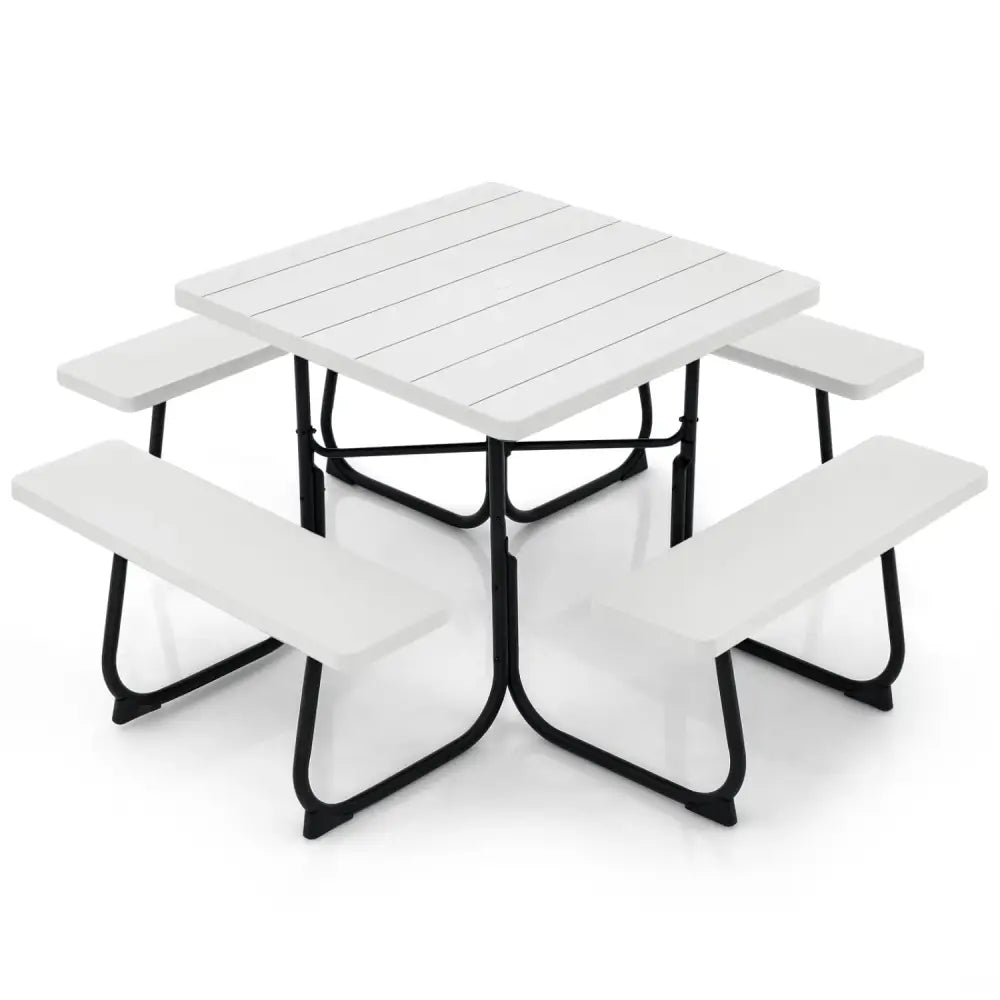 Outdoor Picnic Table with 4 Benches and Umbrella Hole-White - White - Picnic Tables