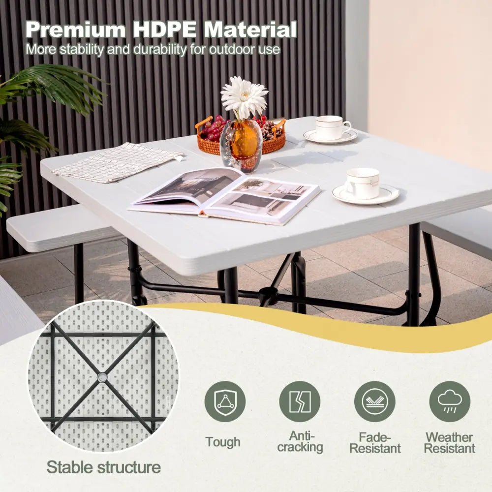 Outdoor Picnic Table with 4 Benches and Umbrella Hole-White - White - Picnic Tables