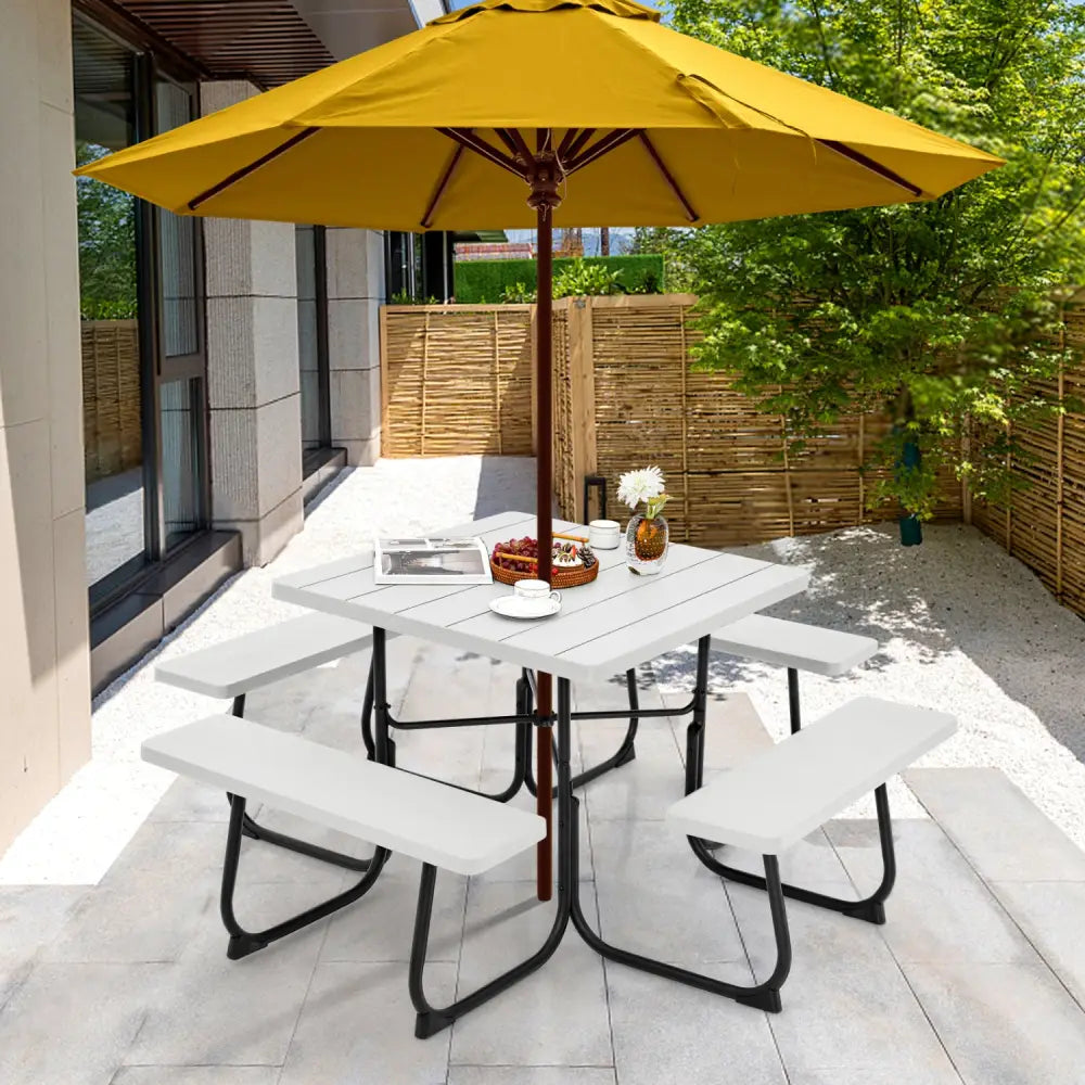 Outdoor Picnic Table with 4 Benches and Umbrella Hole-White - White - Picnic Tables