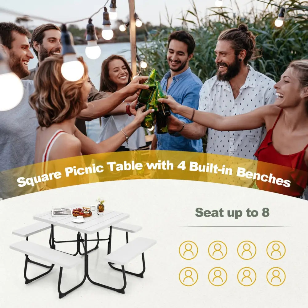 Outdoor Picnic Table with 4 Benches and Umbrella Hole-White - White - Picnic Tables