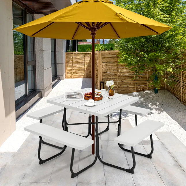 Outdoor Picnic Table with 4 Benches and Umbrella Hole-White - White - Picnic Tables