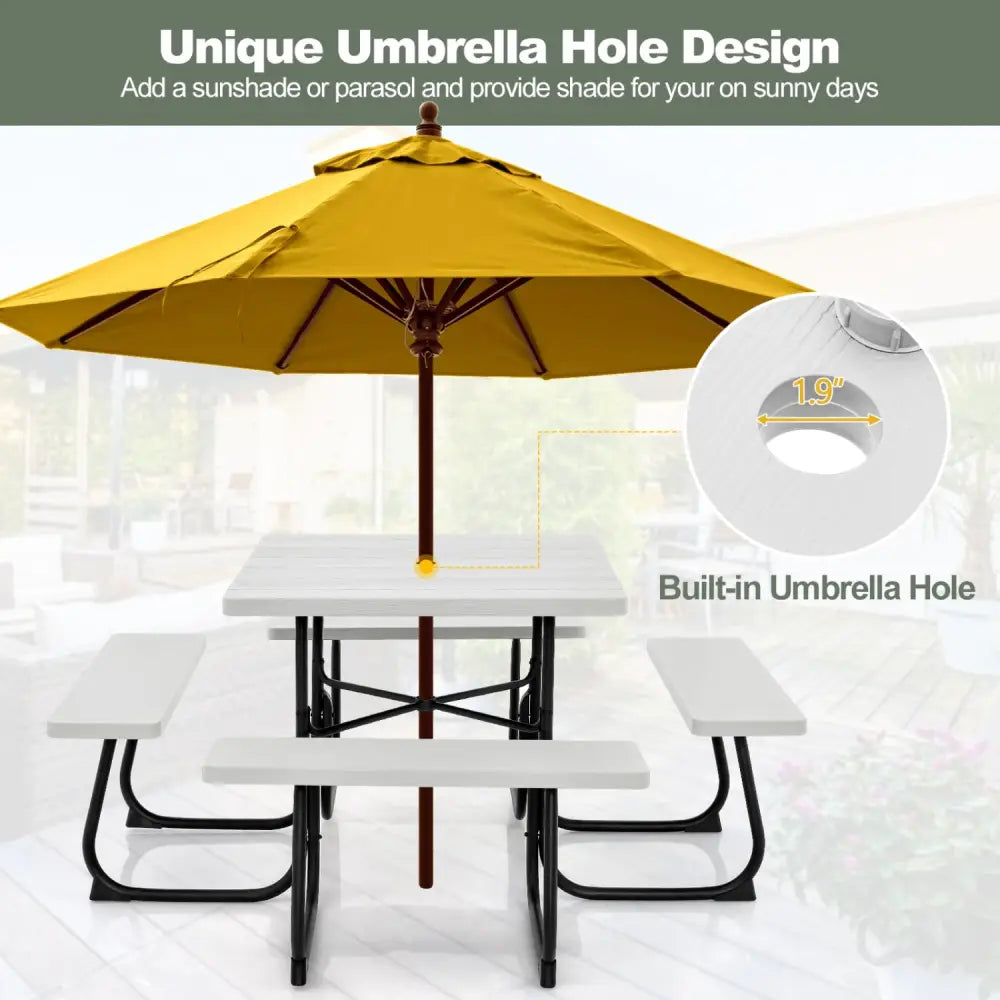 Outdoor Picnic Table with 4 Benches and Umbrella Hole-White - White - Picnic Tables