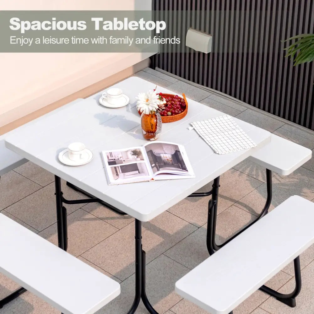 Outdoor Picnic Table with 4 Benches and Umbrella Hole-White - White - Picnic Tables