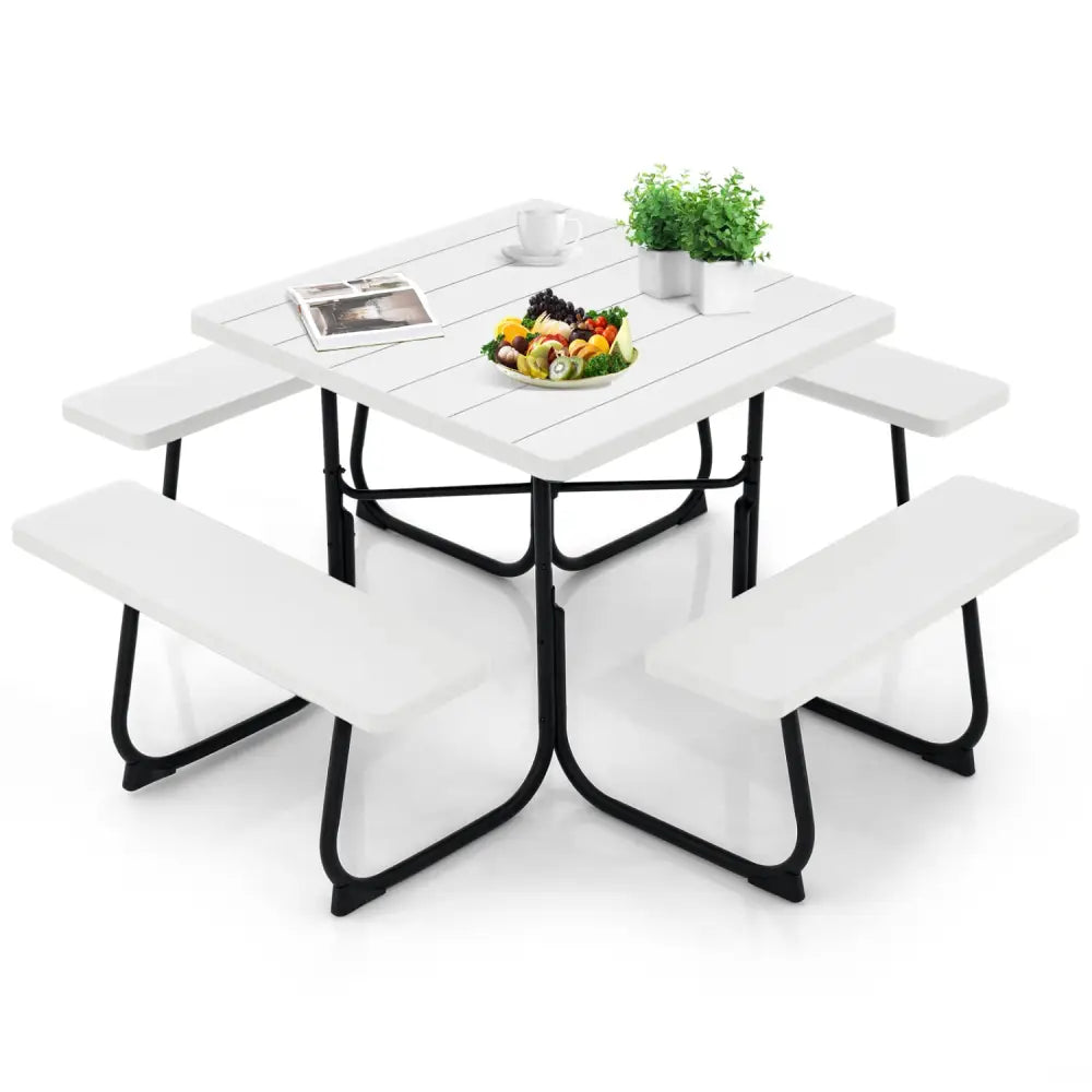 Outdoor Picnic Table with 4 Benches and Umbrella Hole-White - White - Picnic Tables