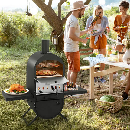 Outdoor Pizza Oven with 600D Oxford Fabric Cover 12 Inch Pizza Stone and Cooking Grill - Black - Outdoor Grills