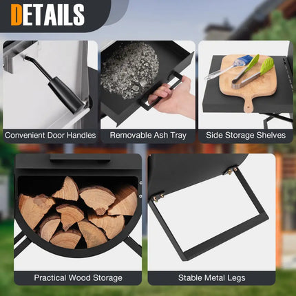 Outdoor Pizza Oven with 600D Oxford Fabric Cover 12 Inch Pizza Stone and Cooking Grill - Black - Outdoor Grills