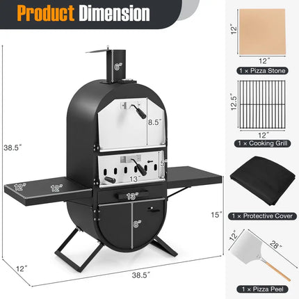 Outdoor Pizza Oven with 600D Oxford Fabric Cover 12 Inch Pizza Stone and Cooking Grill - Black - Outdoor Grills