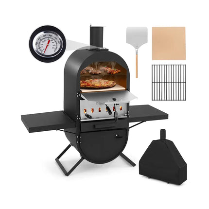 Outdoor Pizza Oven with 600D Oxford Fabric Cover 12 Inch Pizza Stone and Cooking Grill - Black - Outdoor Grills