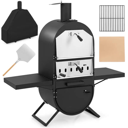 Outdoor Pizza Oven with 600D Oxford Fabric Cover 12 Inch Pizza Stone and Cooking Grill - Black - Outdoor Grills